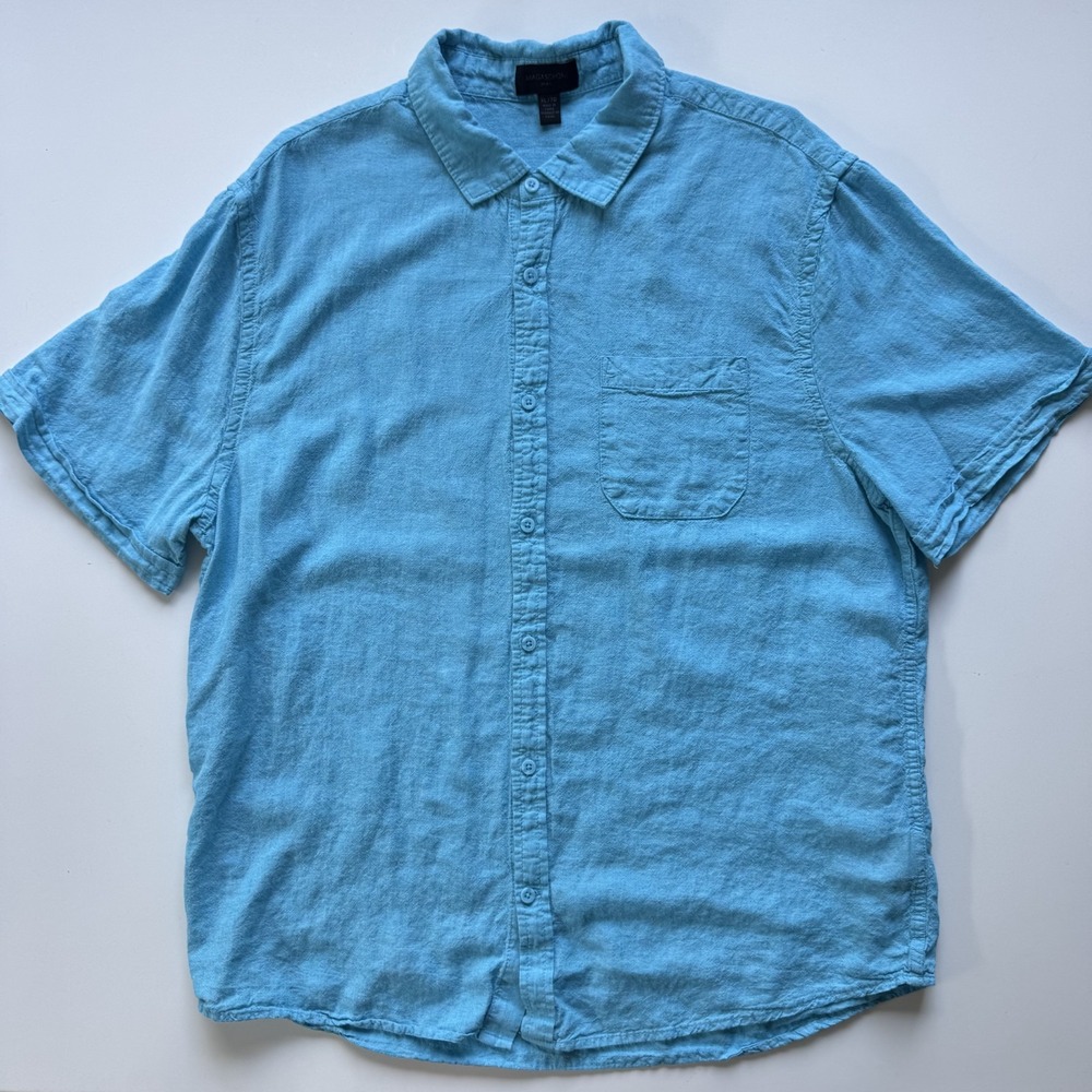 MAGASCHONI Linen Cotton Short Sleeve Button Up Shirt Mens XL Blue Lightweight